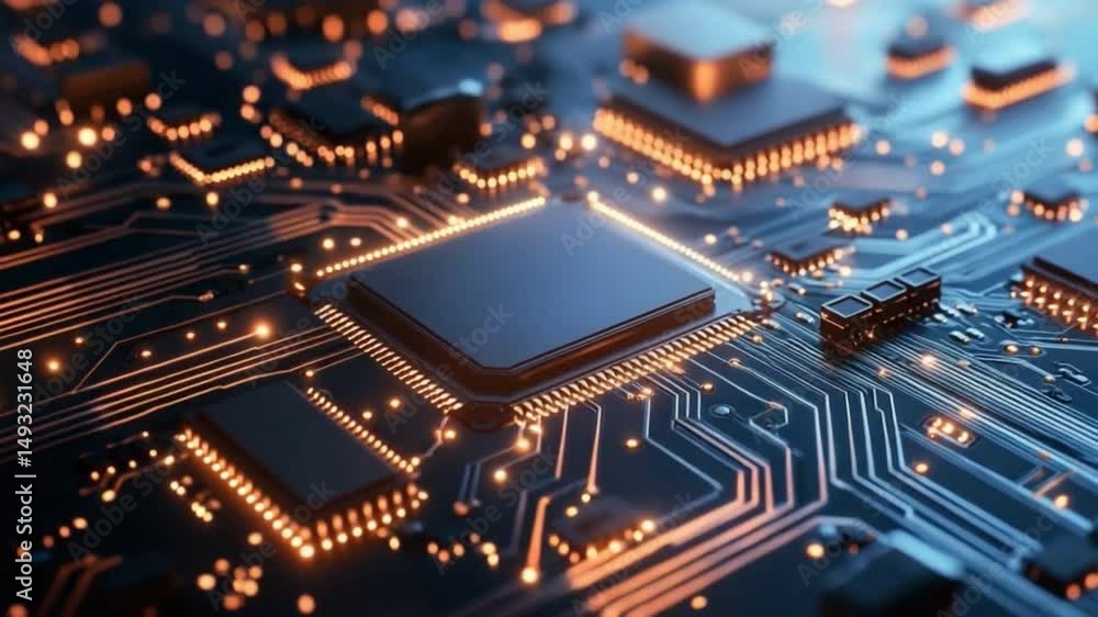 Poster circuit board: a close-up view of a cutting-edge circuit board, showcasing intricate pathways, integ