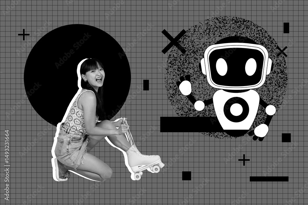 Poster image 3d zine vertical collage of happy girl stand robot gpt chat helper bot prompt technology artif