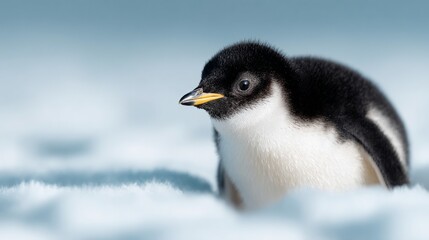 Fototapeta premium A charming young penguin stands on soft snow. This adorable creature captures the essence of winter wildlife. Perfect for nature lovers and educational purposes. AI