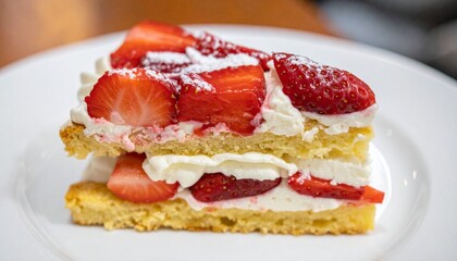 A delicious slice of strawberry cake with whipped cream, a delightful treat for any occasion