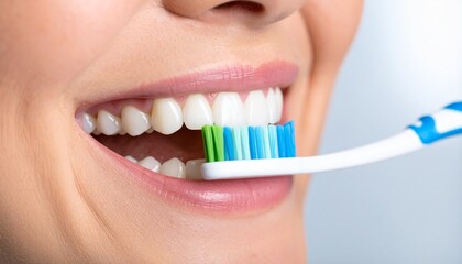 A close-up shot of a person brushing their teeth, promoting dental hygiene and health care.