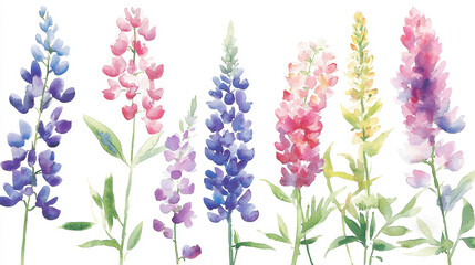 Fototapeta premium Watercolor botanical illustration of colorful lupine flowers in various shades, showcasing their beauty and elegance