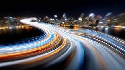 Long exposure of vehicle light trails weaving through a blurred city at night