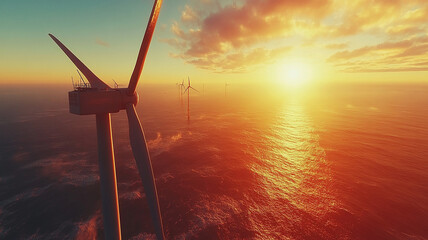Offshore wind turbines at sunset over golden sea