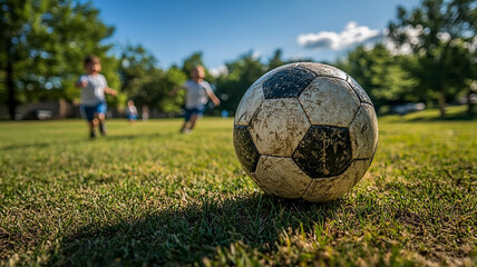 Fototapeta premium Soccer ball on grassy field with kids running in background