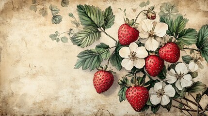 A vintage botanical drawing of strawberries and flowers, aged paper background, fine ink details, muted reds, greens, and creams, subtle sepia tones. Created Using: ink sketching, antique shading,