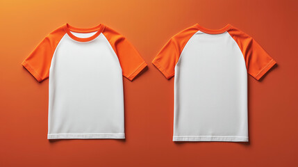Front and back view of white t-shirt with orange raglan sleeves on neutral background, apparel mockup