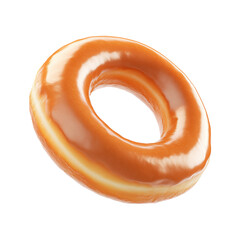 Tasty round donut topped with caramel and vanilla glaze swirl, isolated on white transparent background, concept of sweet dessert snack