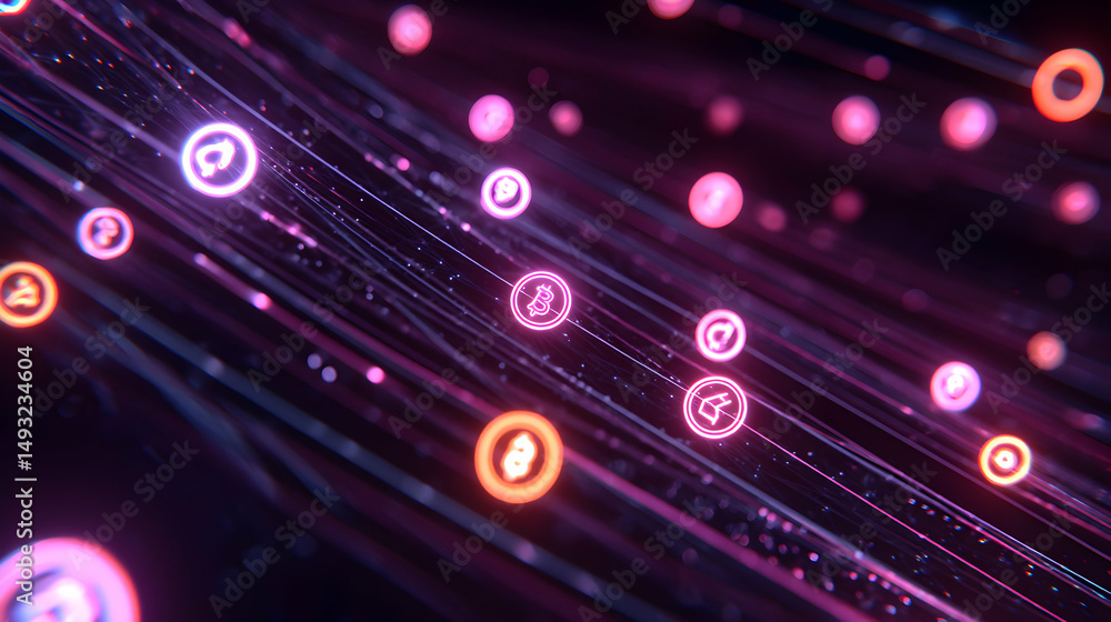 Poster digital currency flowing through networks in a conceptual representation of cryptocurrency transacti