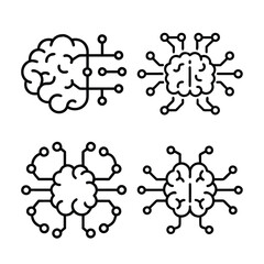 variations of a stylized brain connected to circuit-like elements, resembling computer chips or networks