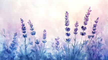Naklejka premium A watercolor painting of blueberry and lavender botanical border, soft blues and purples, delicate green stems, light countryside background, glowing sunlight. Created Using: watercolor brushes,
