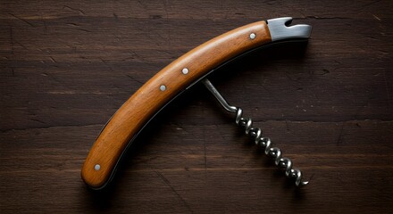 corkscrew,  bottle opener,  wine opener, Wooden Handle Corkscrew on Dark Wooden Background
