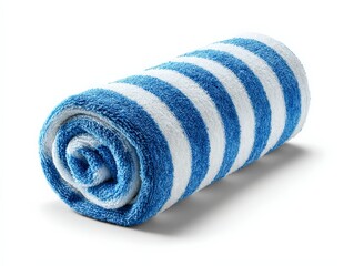 A neatly rolled blue and white striped beach towel, ready for a sunny day.
