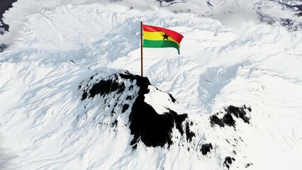 High-resolution 3D image of Ghana's flag, with red, yellow, green stripes and a black star, proudly waving atop a snow-covered mountain peak, symbolizing unity, resilience, and national pride.

