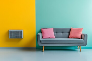 Gray Sofa with Pink Pillows in a Modern Room with Yellow and Teal Walls