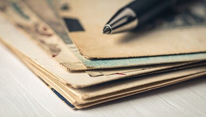Vintage Stacked Postcards And Letters With Pen