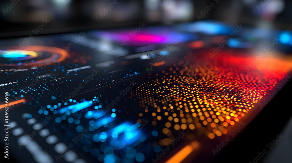 Poster vibrant digital dashboard display with colorful data points creating a futuristic aesthetic backdrop