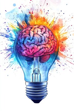 Watercolor clipart of a lightbulb exploding in vibrant neon colors, revealing a highly detailed human brain inside, isolated white background, symbol of creativity and intelligence