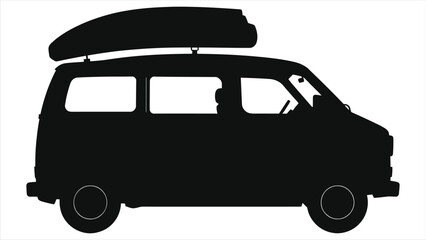 Vector Silhouette of a minivan with rooftop cargo box./A simple, black silhouette of a minivan with a rooftop cargo box, likely for kayaks or other outdoor gear.