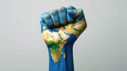 A raised fist painted with a world map symbolizes empowerment and global unity.