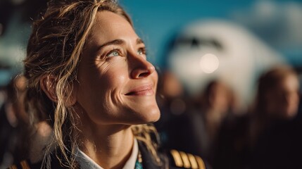 Confident Female Pilot in Uniform Standing Before Airplane in Natural Daylight