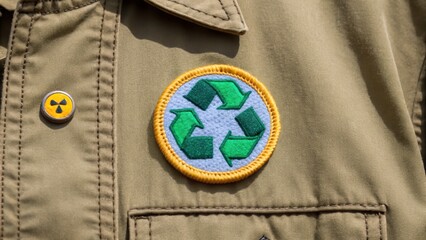Recycling patch on a khaki jacket, symbolizing environmental awareness and sustainability.
