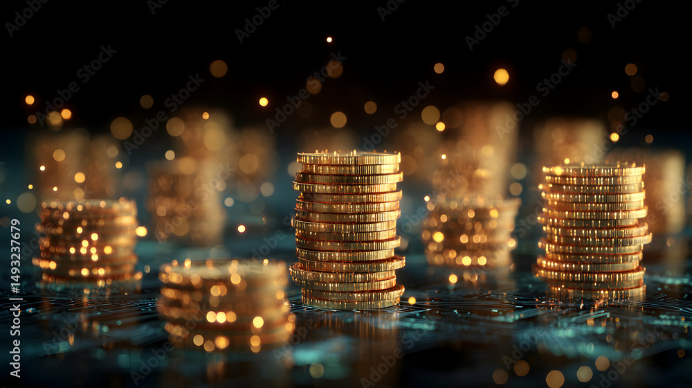 Poster digital gold coins stacked on a circuit board represent cryptocurrency and blockchain technology fin
