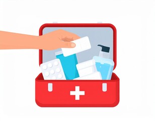 Hand Opening Red First Aid Kit With Medical Supplies