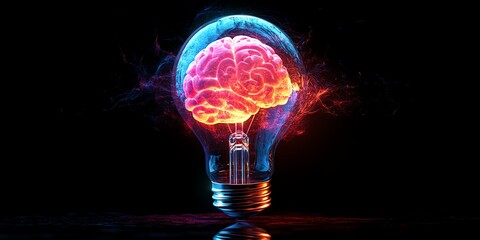 Glowing lightbulb in watercolor clipart, exploding in vivid neon hues with a realistic brain inside, isolated background, visual metaphor for powerful thinking and creativity