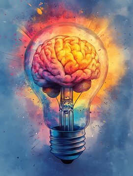 Exploding lightbulb in neon watercolor style, exposing a glowing human brain inside, vibrant energy bursts, isolated background, concept of brilliant ideas and innovation