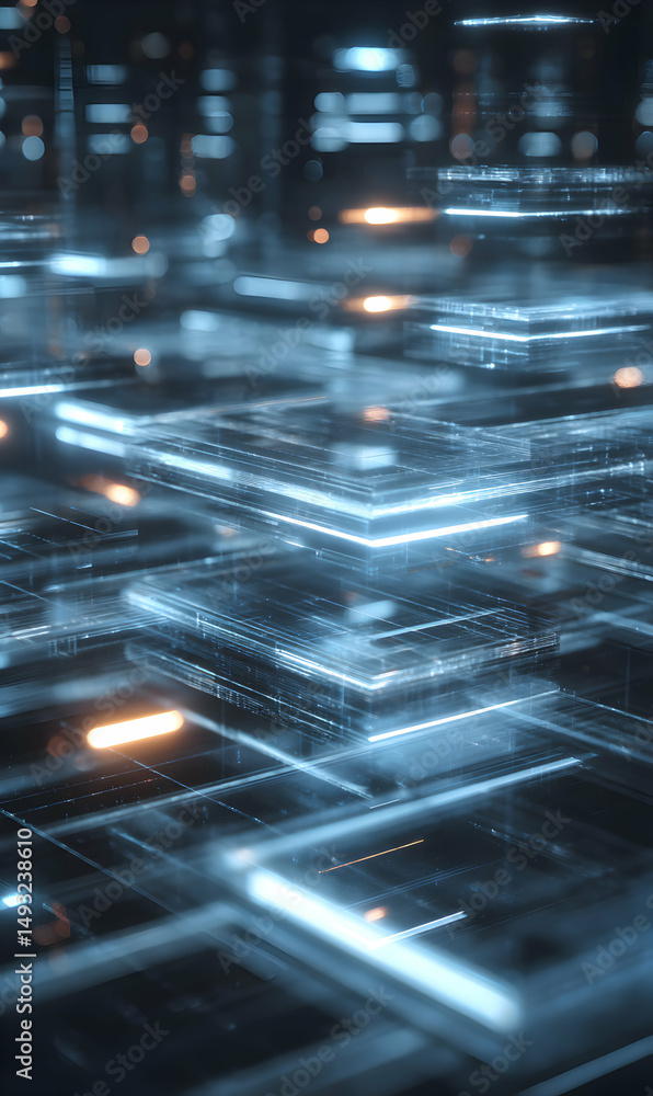 Poster abstract geometric arrangement of glowing squares creates a futuristic and technologically advanced 