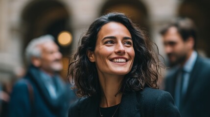 Obraz premium A woman with long hair is smiling and looking at the camera