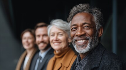 Fototapeta premium Diverse group portrait: Smiling mature professionals stand in a line. The photo captures the essence of unity, and collaboration among a team of colleagues.