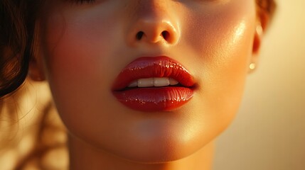 Obraz premium Close-up of perfectly symmetrical lips with creamy gloss, natural tone, soft skin texture, warm soft-focus background suggesting a luxury beauty environment. Created Using: RED Komodo,