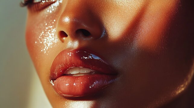 Detailed close-up of plump glossy lips, luxury cosmetic look, smooth flawless cheeks, studio-lit with minimal background blur, fashion campaign tone. Created Using: Phase One IQ4,