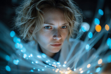 Woman in lab coat examines fiber optic transmission lines, cables glowing in dark lab, medium shot from behind.