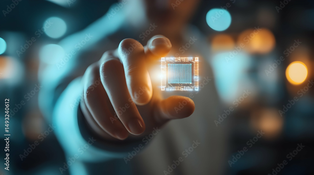 Poster person holding a computer chip with glowing lights in technology setting