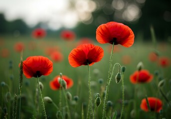 Vibrant Red Poppies in a Serene Field: A Romantic Summer Scene