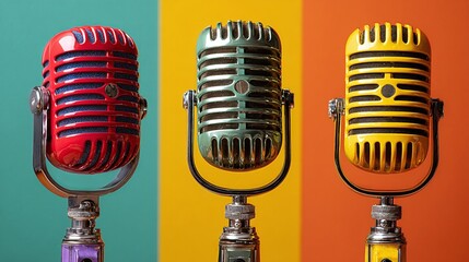Retro Microphones: A vibrant trio of vintage microphones stand against colorful blocks.  Ready for podcasting, singing, or broadcasting with retro style.