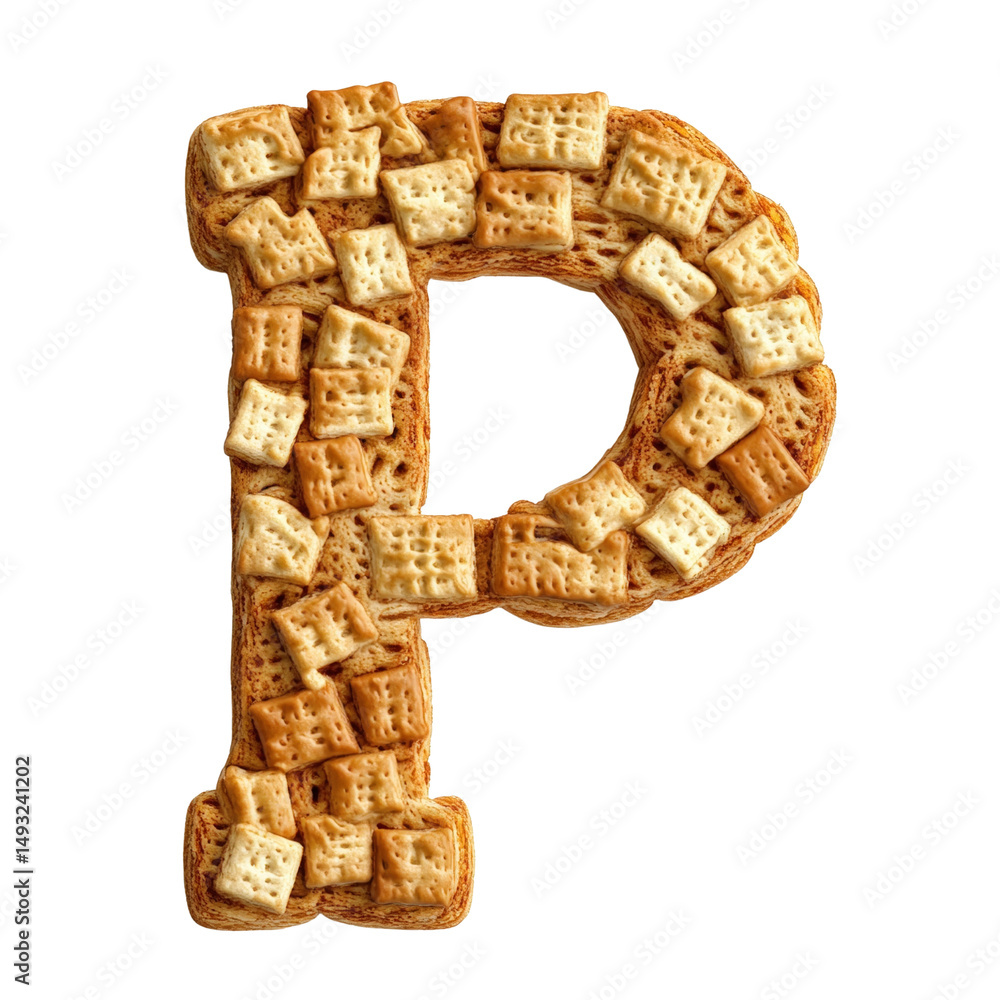 Poster creative letter p formed with assorted square and rectangular breakfast cereal biscuits on white bac