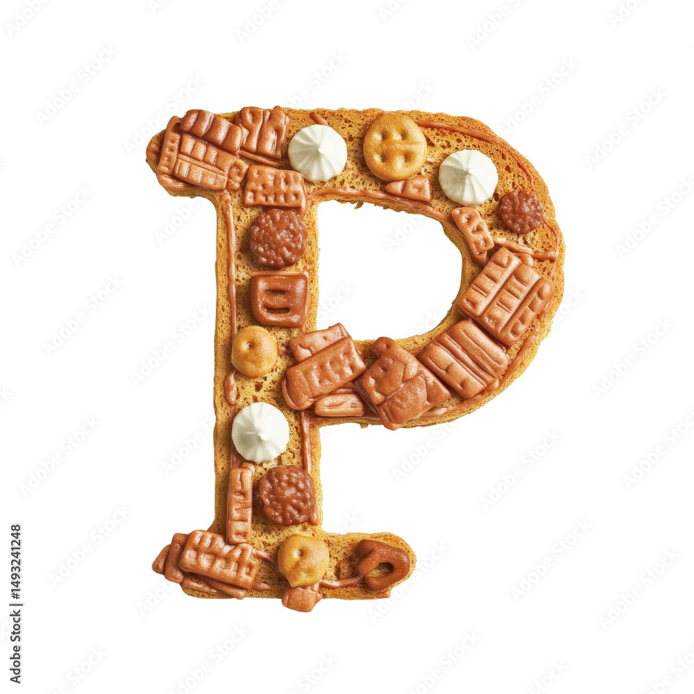 Poster creative letter p made of assorted cookies and biscuits with various shapes and textures on a plain 