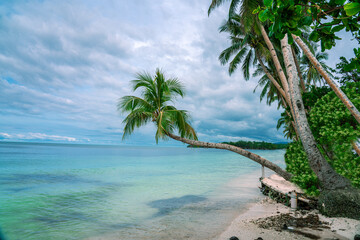sea, sun and sand. White sand beach with blue water, white sand and palm trees. Summer vacation vibes. Beaches in asia.