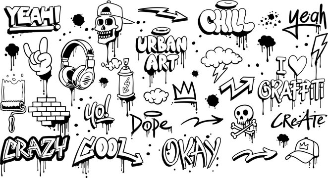 Hand-drawn vector graffiti illustrations. Graffiti cartoons, doodles. Perfect for apparel prints, posters, and stickers.	