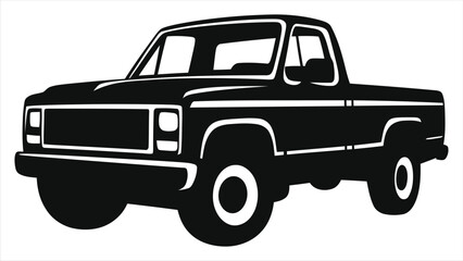 Simple black vector silhouette of a classic pickup truck./A clean, bold silhouette of a classic pickup truck against a plain white background.