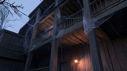 Spooky haunted house with flickering lights and cobwebs hanging from wooden balcony, creating eerie atmosphere at dusk with bare tree branches nearby