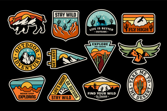 Set of vector outdoor adventure badges. Graphics for t-shirt prints, stickers, posters, and other uses.