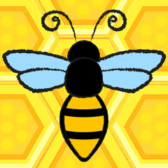Vector image of a bee on a honeycomb background. A simple children's drawing, stylized to match pencil contours.
