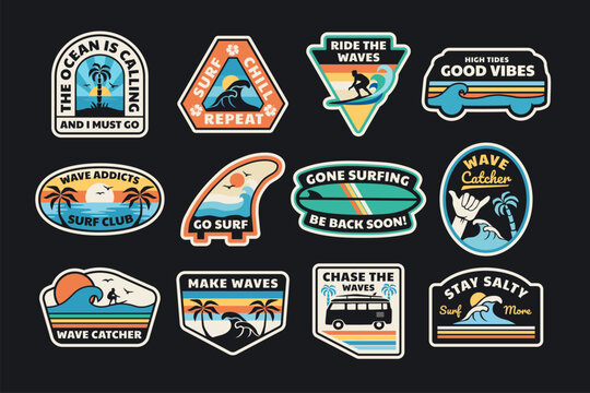 Set of vector surfing theme badges. Perfect t-shirt prints, posters, and other uses.