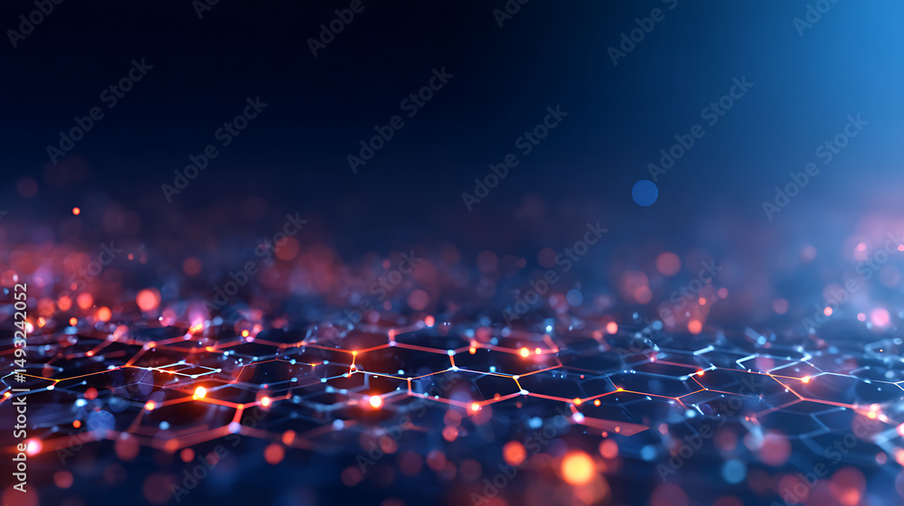 Poster glowing hexagonal geometric light shapes forming abstract background on dark blue digital backdrop w