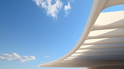 Modern architectural roof with curved white beams under clear blue sky and scattered clouds, showcasing sleek design and bright daylight in open space